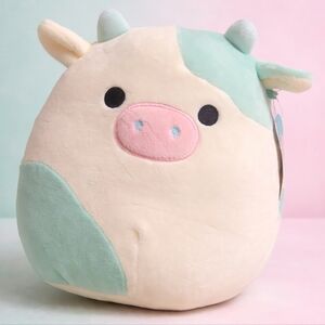 Squishmallows BELANA Cow 8” Teal Blue White Pink Nose Tag Plush Stuffed Animal